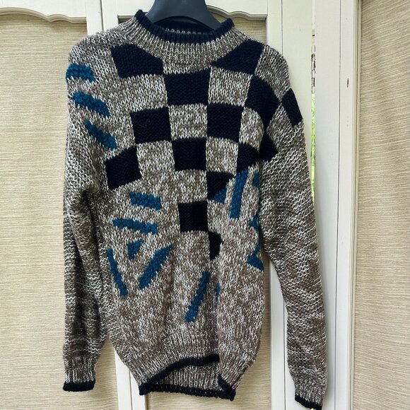 Vintage 80s Numbers Sweater Chunky Knit Brown Black Blue Squares Shapes Mens M - Picture 1 of 5